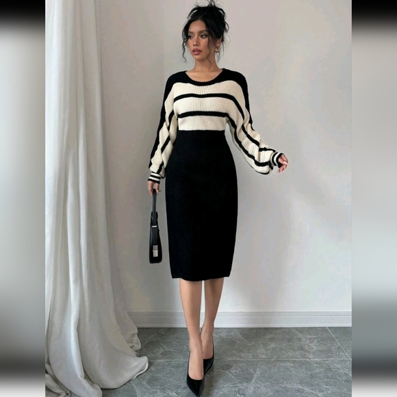 Women's Elegant Knitted Sweater Dress With Round Neck, Long Sleeves, Striped, Dr - Picture 3 of 6